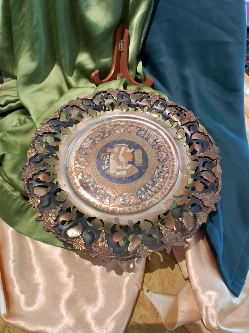 Vintage Egyptian Revival Brass & Copper Pierced Wall Plate Charger